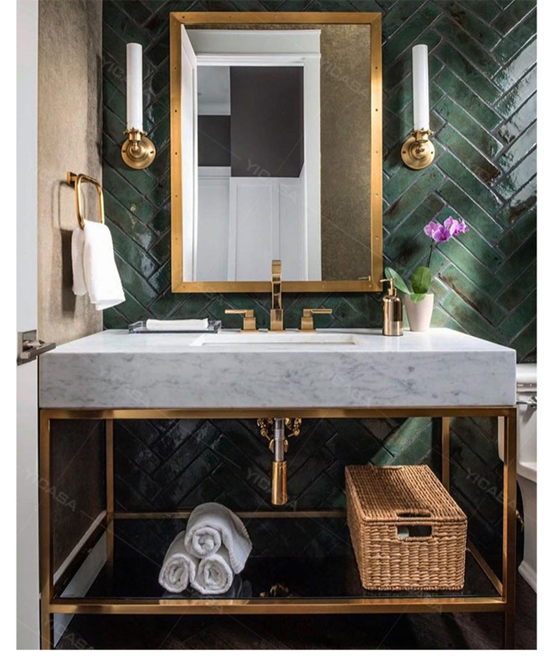 MILANO-Modern Exposed Console Brushed Gold Metal Steel Trim with 6" Natural Marble Bianco Carrera Marble Set 36"