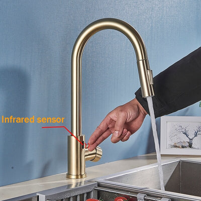 Brushed Gold Motion Sensor dual pull out sprayer kitchen faucet