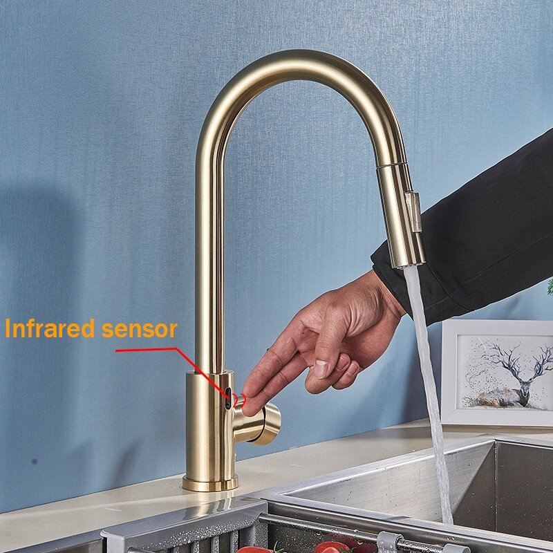 Brushed Gold Motion Sensor dua pull out sprayer kitchen faucet