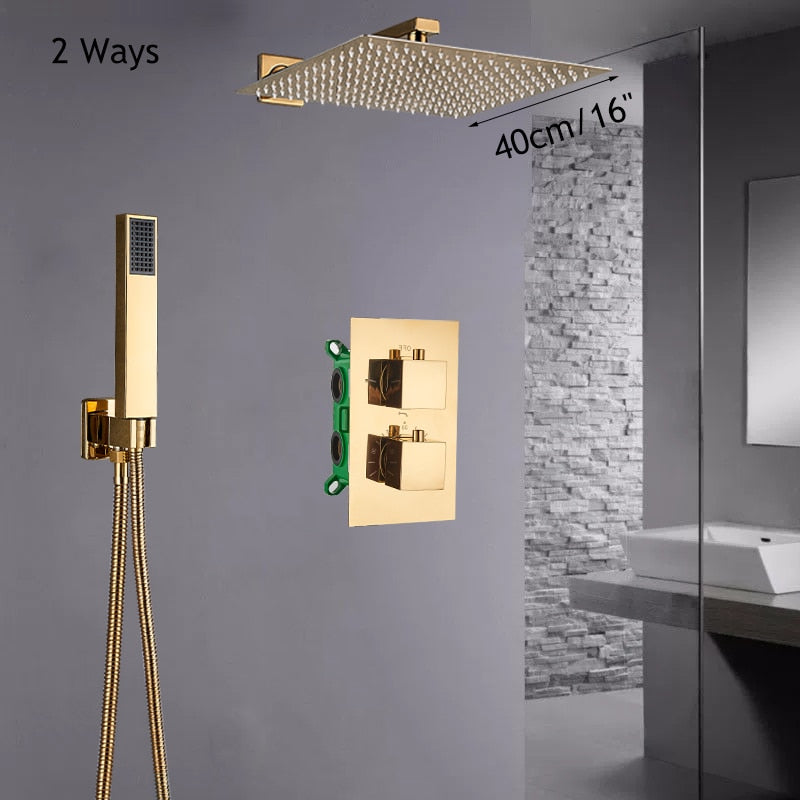 Gold polish brass 2 and 3 way diverter functions thermostatic shower kit