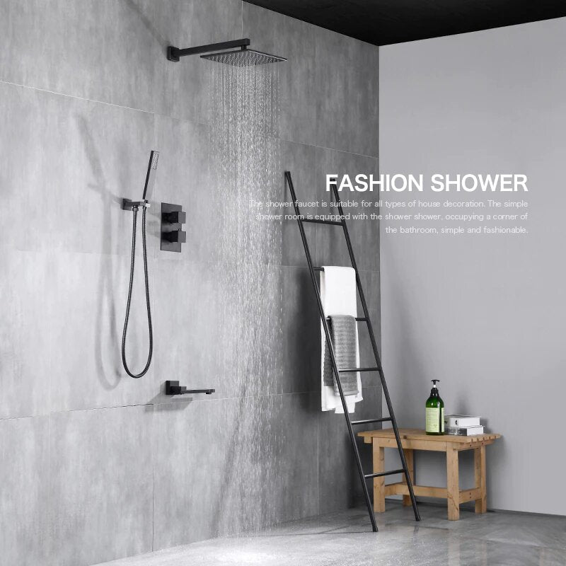 Black square 2 and 3 way function thermostatic shower kit