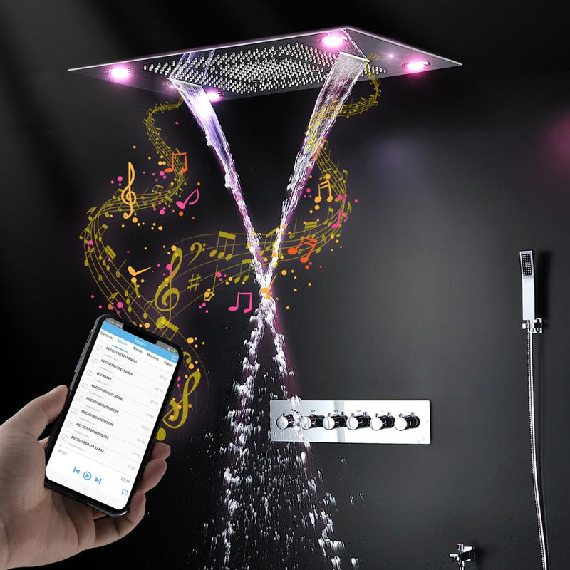 Chrome 23"x15" Ceiling Mount Rain Waterfall Bluetooth Music 5 Way Function Diverter LED Spa Shower System