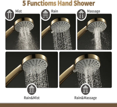 Brushed Gold Led touch control 23"x15" ceiling flushmount rain,waterfall,led light ambiance 5 way function diverter with hand spray and 6 body jet massage spa system