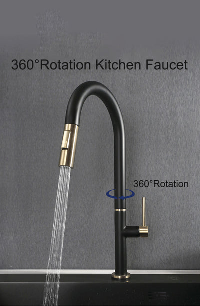 Black and Brusdhed Gold Two Tone Touchless Sensor Kitchen Faucet Pull Out Dual Sprayer