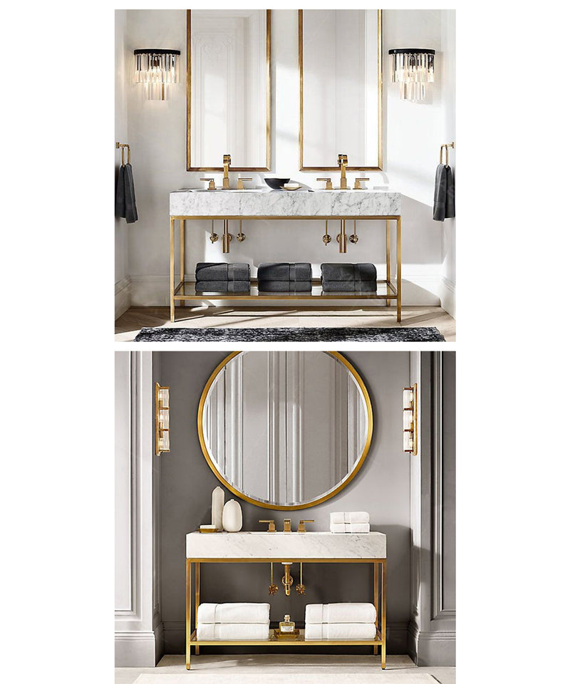 MILANO-Modern Exposed Console Brushed Gold Metal Steel Trim with 6" Natural Marble Bianco Carrera Marble Set 36"