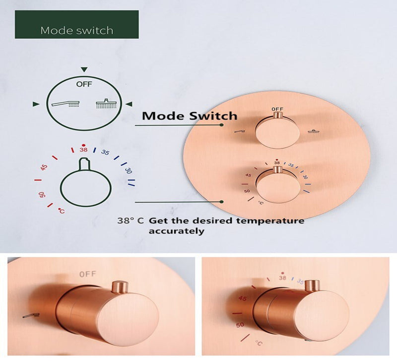 Brushed Rose Gold Satin  12" Round rain Head 2 Way Function Diverter with hand spray thermostatic  shower kit