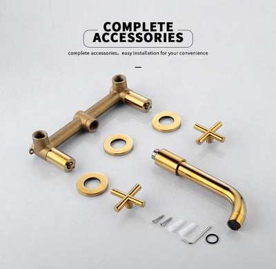 Gold Polished Cross Handle Wallmounted bathroom faucet