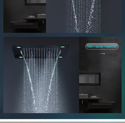Black 24"x24" Spas smart shower ceiling flush mount Bluetooth Smart LED 5 way function shower system