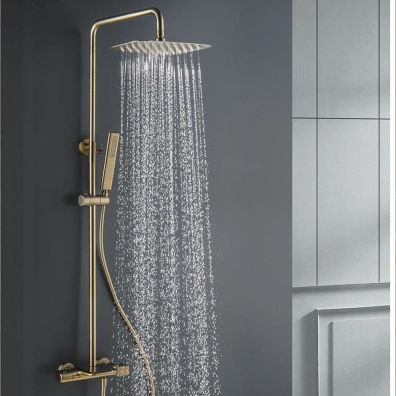 Brushed gold exposed shower system