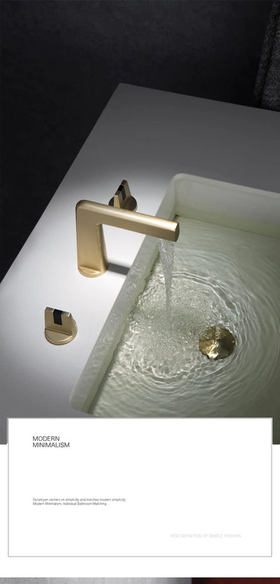Black with Brushed Gold two Tone 8 Inch Wide spread bathroom faucet