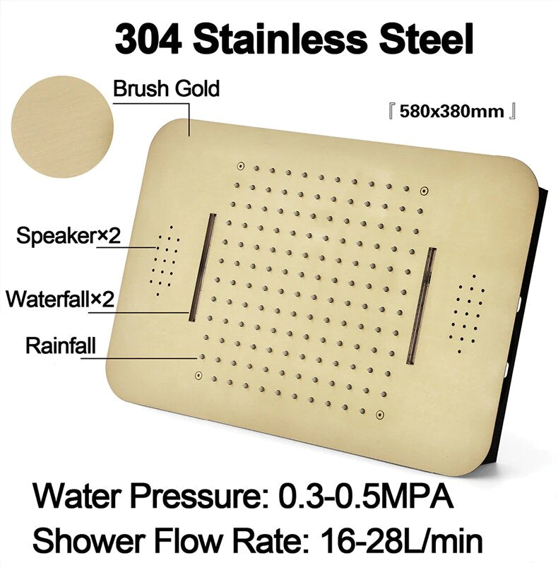 Brushed Gold Ceiling Mount Flush  LED 23" X 15"  Waterfall,Mist and Rain Shower Head System 5 Way Function , Hand Held Spray and 4 FlushMount Body Sprayer