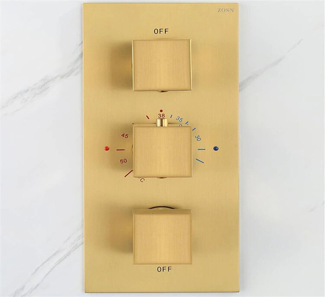 Brushed Gold CSA Square LED Rain shower head thermostatic 3 way function diverter hand held spray with 6 body jets completed shower kit