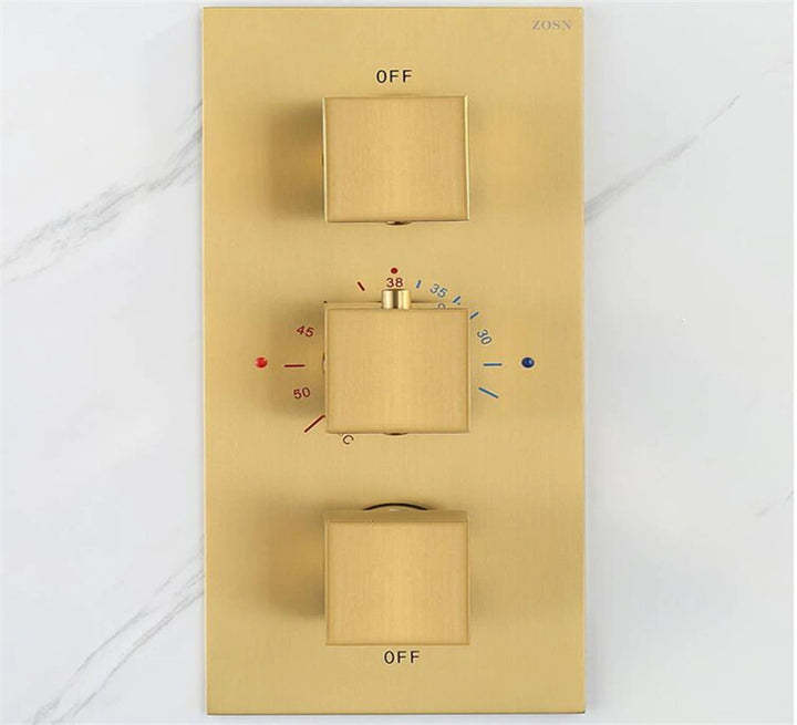 Brushed Gold CSA Square LED Rain shower head thermostatic 3 way function diverter hand held spray with 6 body jets completed shower kit