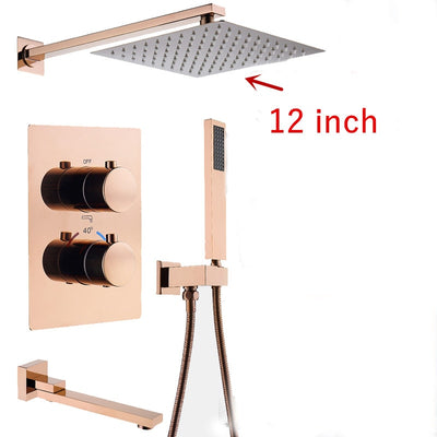 Rose Gold Polished Square 12" Inch Rain head 2 or 3 way function diverter thermostatic shower kit
