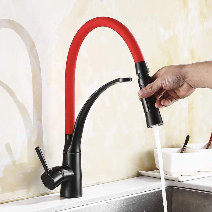 Red with black dual spray pull out kitchen faucet