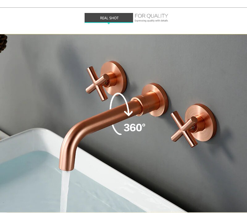 Copper Satin Wall Mounted Cross Handles Lavatory Faucet Set