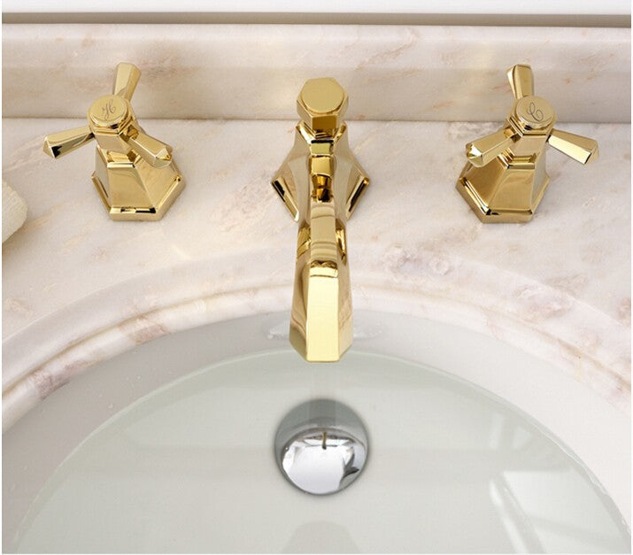 Gold Polished Art Deco Design Cross Handles 8 Inch Wide Spread Bathroom Faucet