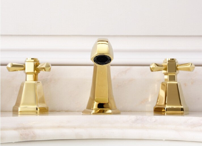 Gold Polished Art Deco Design Cross Handles 8 Inch Wide Spread Bathroom Faucet