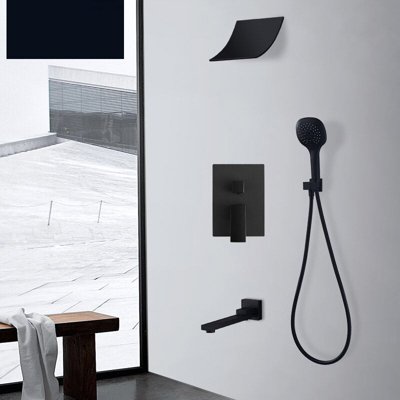 Black Square Waterfall Rain head 3 way function hand spray and tub spout filler shower kit