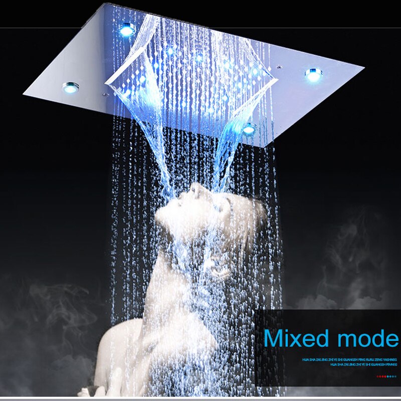Chrome led shower system 23"x15 Ceiling Flushmount rain head -waterfall and Mixed 4 way function thermostatic hand spray shower kit