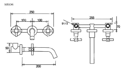 Copper Satin Wall Mounted Cross Handles Lavatory Faucet Set