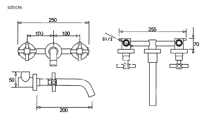 Copper Satin Wall Mounted Cross Handles Lavatory Faucet Set