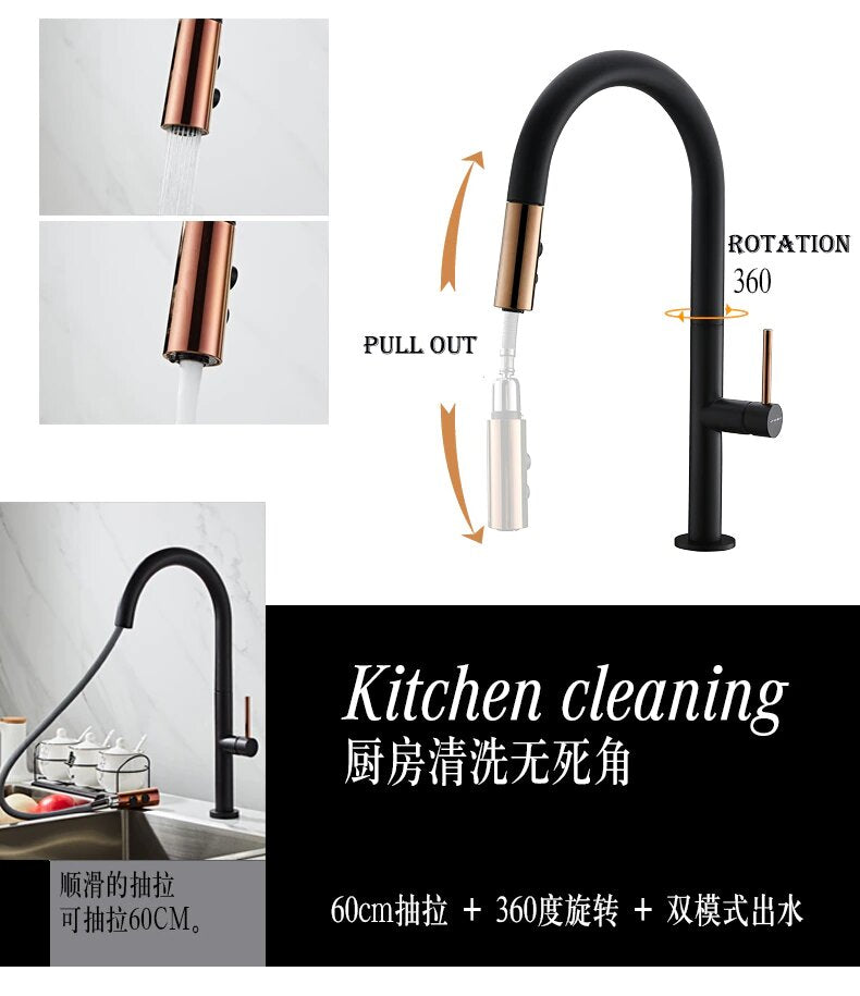Black Rose Gold and  White Rose Gold Manual Pull Out  kitchen faucet