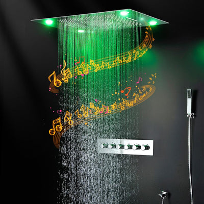 Chrome 23"x15" Ceiling Mount Rain Waterfall Bluetooth Music 5 Way Function Diverter LED Spa Shower System