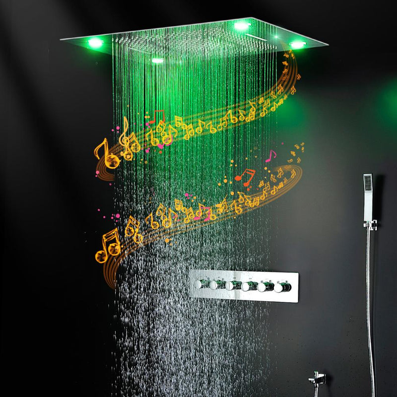 Chrome 23"x15" Ceiling Mount Rain Waterfall Bluetooth Music 5 Way Function Diverter LED Spa Shower System