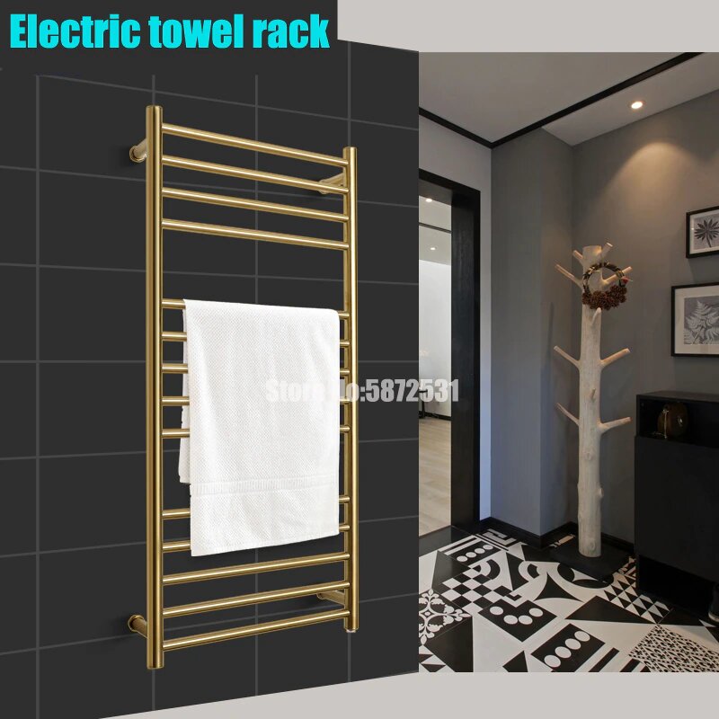 Brushed Gold Electric Hardwire Bathroom Towel Rail Warmer 24"X 42"