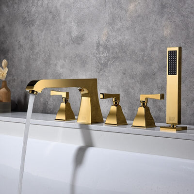 Art deco-Gold polish brass 5 holes deck mounted bathtub filler faucet set