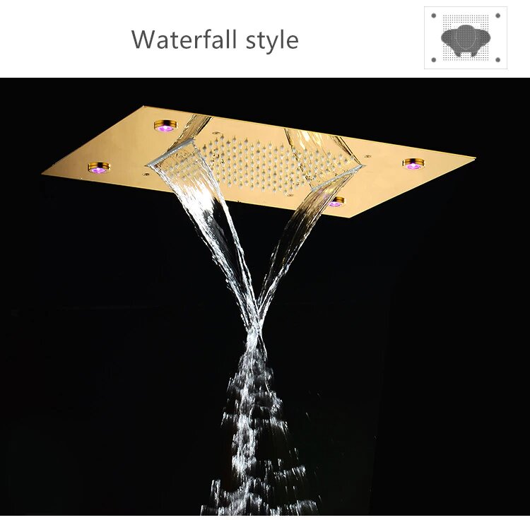 Gold polished flush ceiling mount 23"x15" Waterfall, rain head thermostatic 5 way function with hand held spray and 4 body wall mounted massage jets completed shower kit