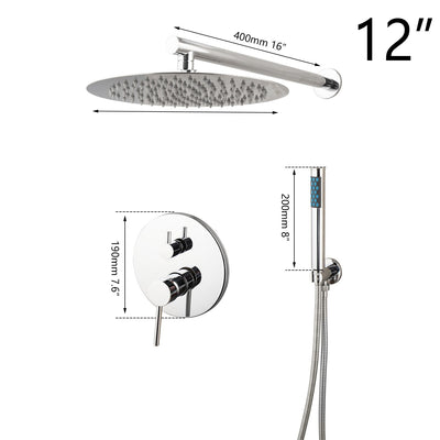 Chrome round CUPC-8-10-12-16 Inch rain head 2 or 3 way function diverter Pressure Balance shower kit