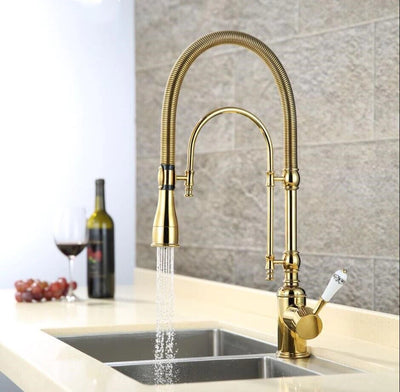 Gold Polished -Chrome with Gold Tall Kitchen Faucet Island with porcelain handle