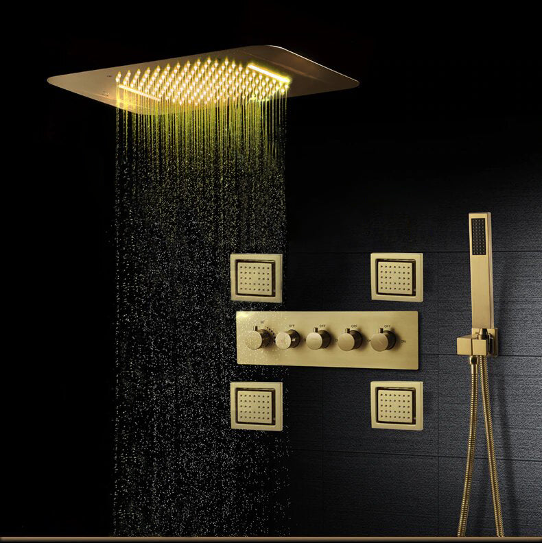 Brushed Gold Ceiling Mount Flush  LED 23" X 15"  Waterfall,Mist and Rain Shower Head System 5 Way Function , Hand Held Spray and 4 FlushMount Body Sprayer