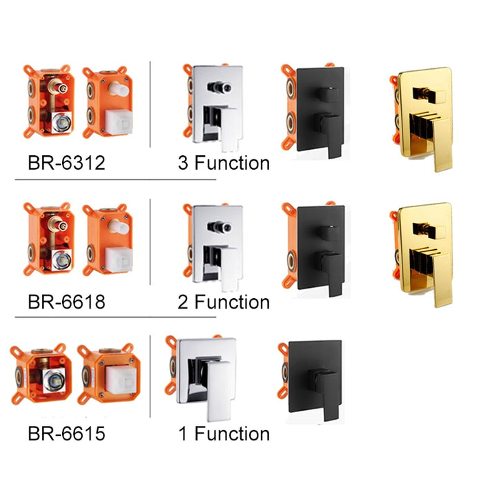 Black-Gold-Chrome- Square-Round -Pressure Balance 1-2 Way Function Shower Valve and Trim Set