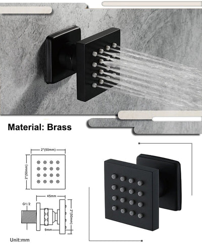 BLACK MATTE SMART WIFI BLUETOOTH SHOWER SYSTEM FLUSHMOUNT CEILING WATERFALL MIST RAIN HEAD SIZE 23"X15" THERMSOTATIC /PRESSURE BALANCE WITH 6 WAY FUNCTION DIVERTER CONTROL AND HAND HELS SPRA AND 6 JET MASSAGE SPRAYERS COMPLETED KIT