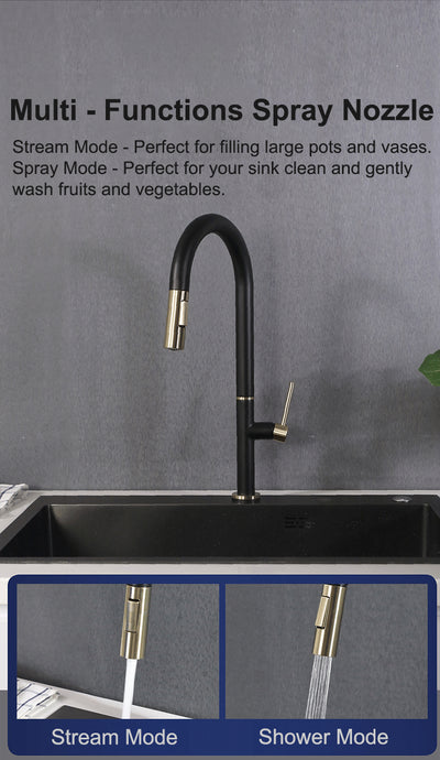 Black and Brusdhed Gold Two Tone Touchless Sensor Kitchen Faucet Pull Out Dual Sprayer