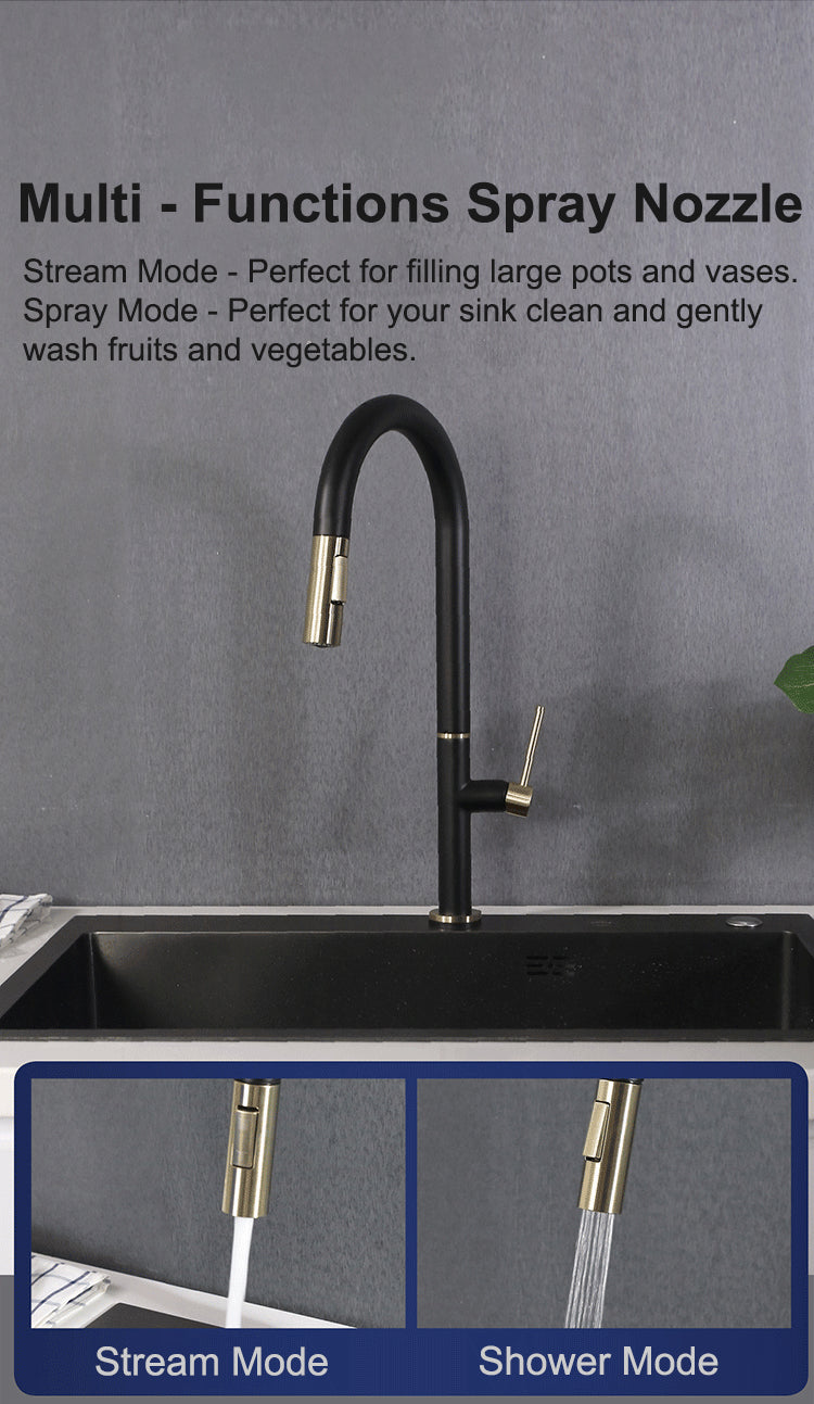 Toronto-Black and Brushed Gold Two Tone Touchless Sensor Kitchen Faucet Pull Out Dual Sprayer