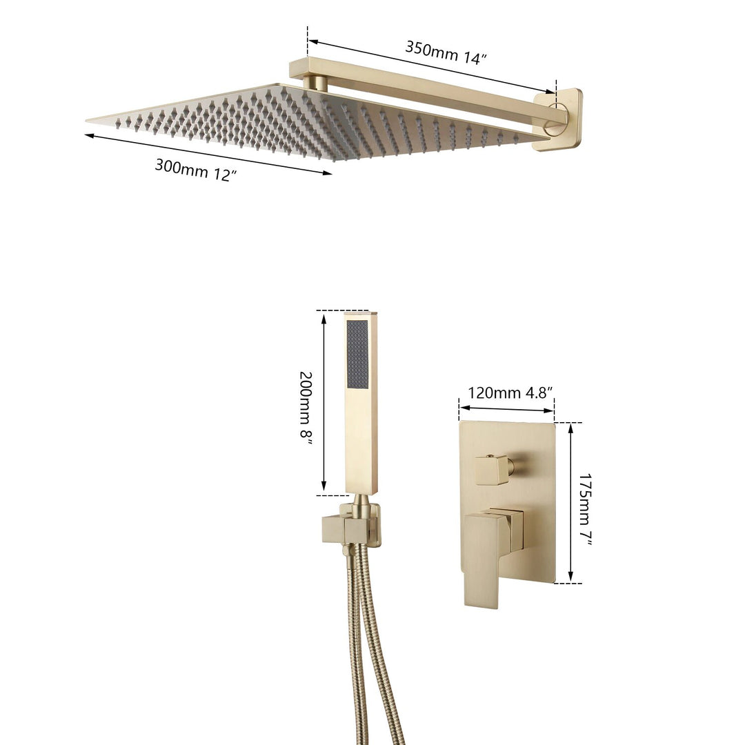 Brushed gold square 12 Inches inch 2 way function diverter shower kit