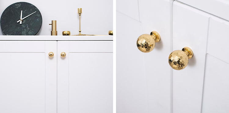 Nordic Gold Polished Hand Hammered Cabinet door handles and knobs.