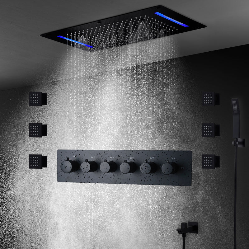 Black Flushmount Ceiling Rain size 28"x15" 5 way function diverter thermostatic with hand spray,tub and 6 body spray shower spa system
