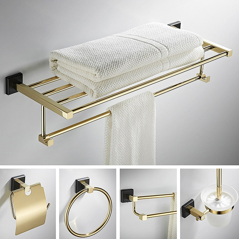 Black with gold polished bathroom accessories