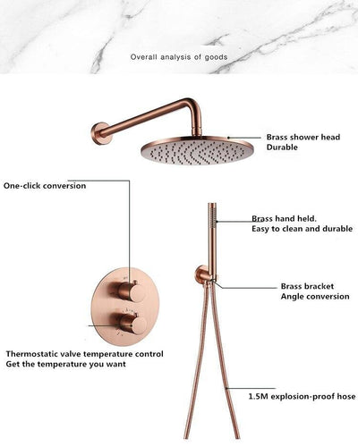 Rose Gold Polished  10" Rain head 2 way function thermostatic with hand held spray shower set