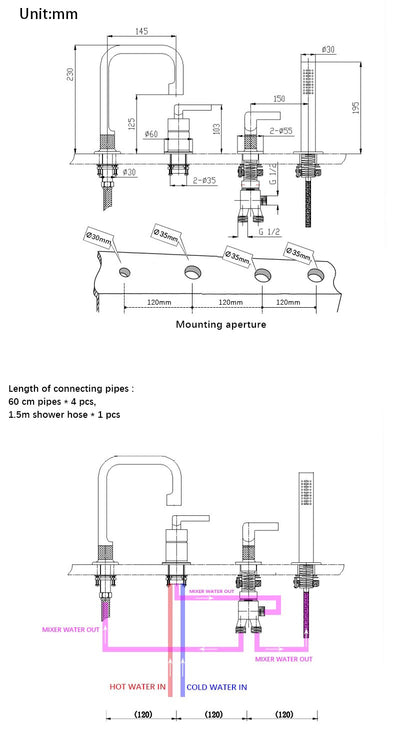 Milan-Grey gun deckmount bathtub filler faucet set 5 holes
