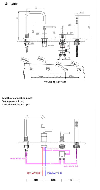 Milan-Grey gun deckmount bathtub filler faucet set 5 holes