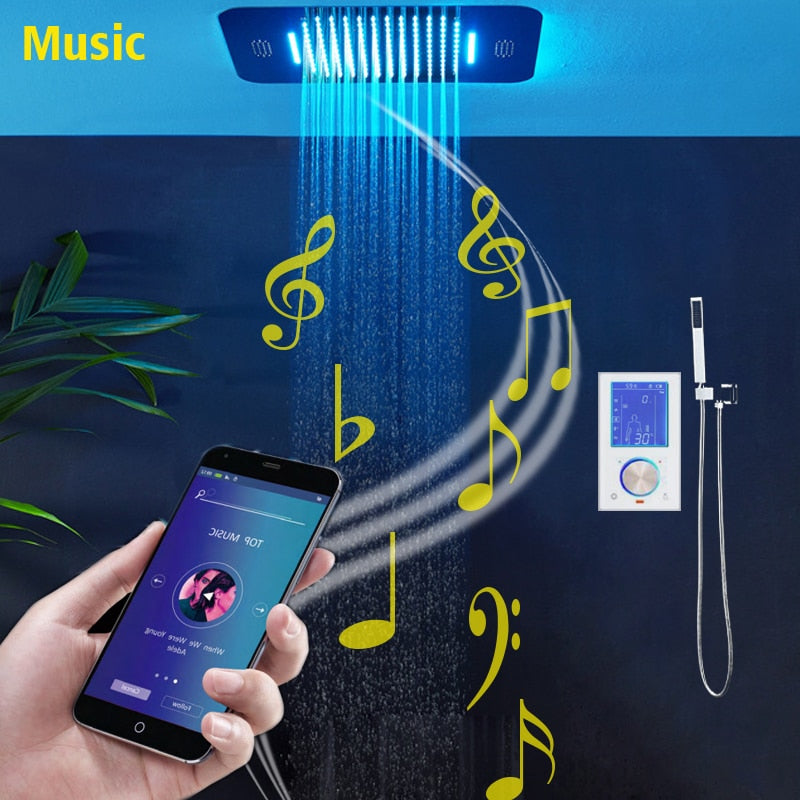 Chrome-Smart LED Touch Control Music Bluetooth with 23"x15" Ceiling Flushmount Spa Shower System Kit