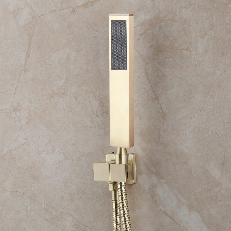 Brushed Gold Thermostatic Bluetooth Music Shower System Smart LED 23"x15" Ceiling Rain Shower Panel 5 function diverter, hand spray and 6 jet massage spray spa system set