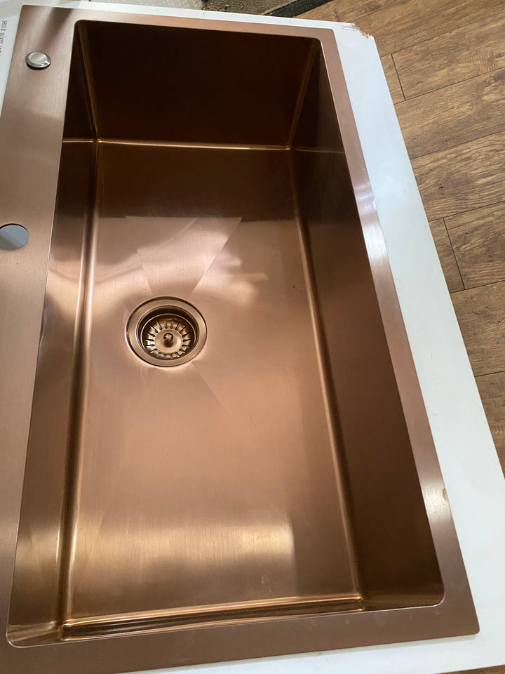 Cafe-Copper Brushed Rose Gold Top Mount Drop In Stainless Steel 16 Gauge -Single Bowl Kitchen Sink