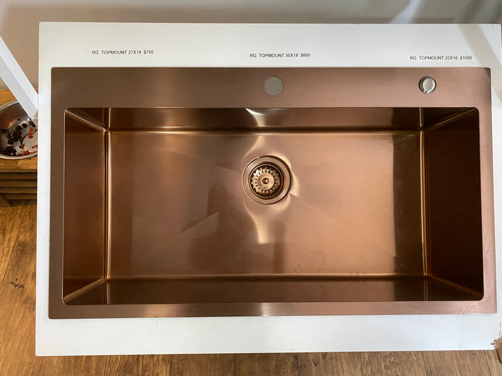 Cafe-Copper Brushed Rose Gold Top Mount Drop In Stainless Steel 16 Gauge -Single Bowl Kitchen Sink